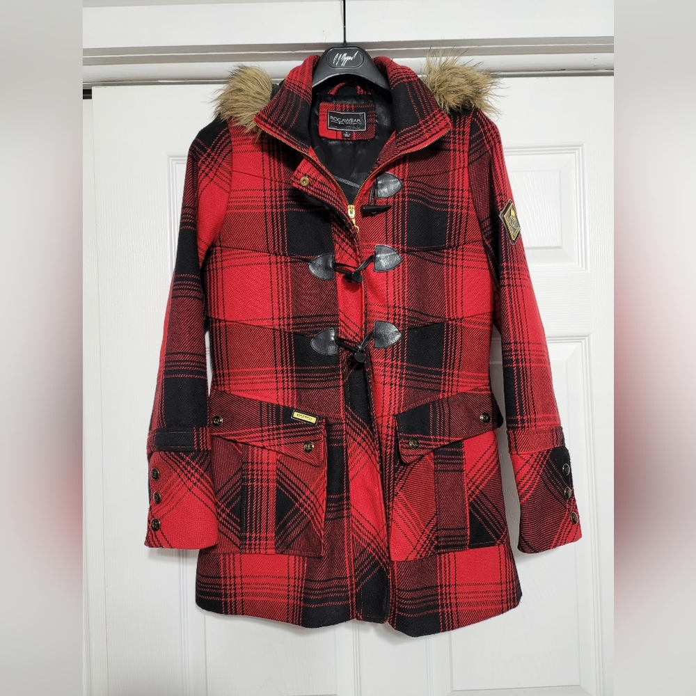 Rocawear Y2K Coat Jacket Removable Hood Red Black Flannel Faux Fur Size LARGE